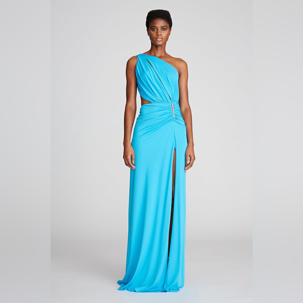Halston Heritage Ivanna Aqua Matte Jersey Gown Sz 6 | One-Shoulder | Worn Once